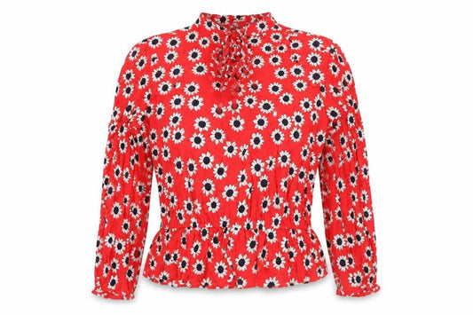 Marks and Spencer Womens Red Geometric Viscose Basic Blouse Size 14 Round Neck