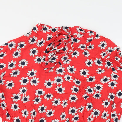 Marks & Spencer Womens Red Geometric Viscose Basic Blouse Size 14 Round Neck