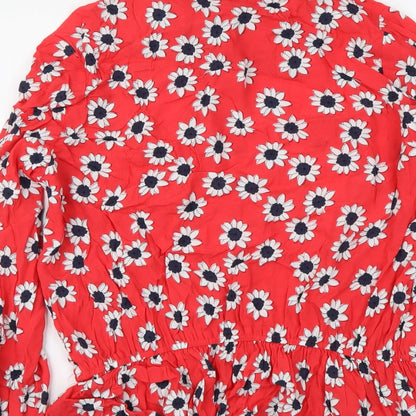 Marks & Spencer Womens Red Geometric Viscose Basic Blouse Size 14 Round Neck