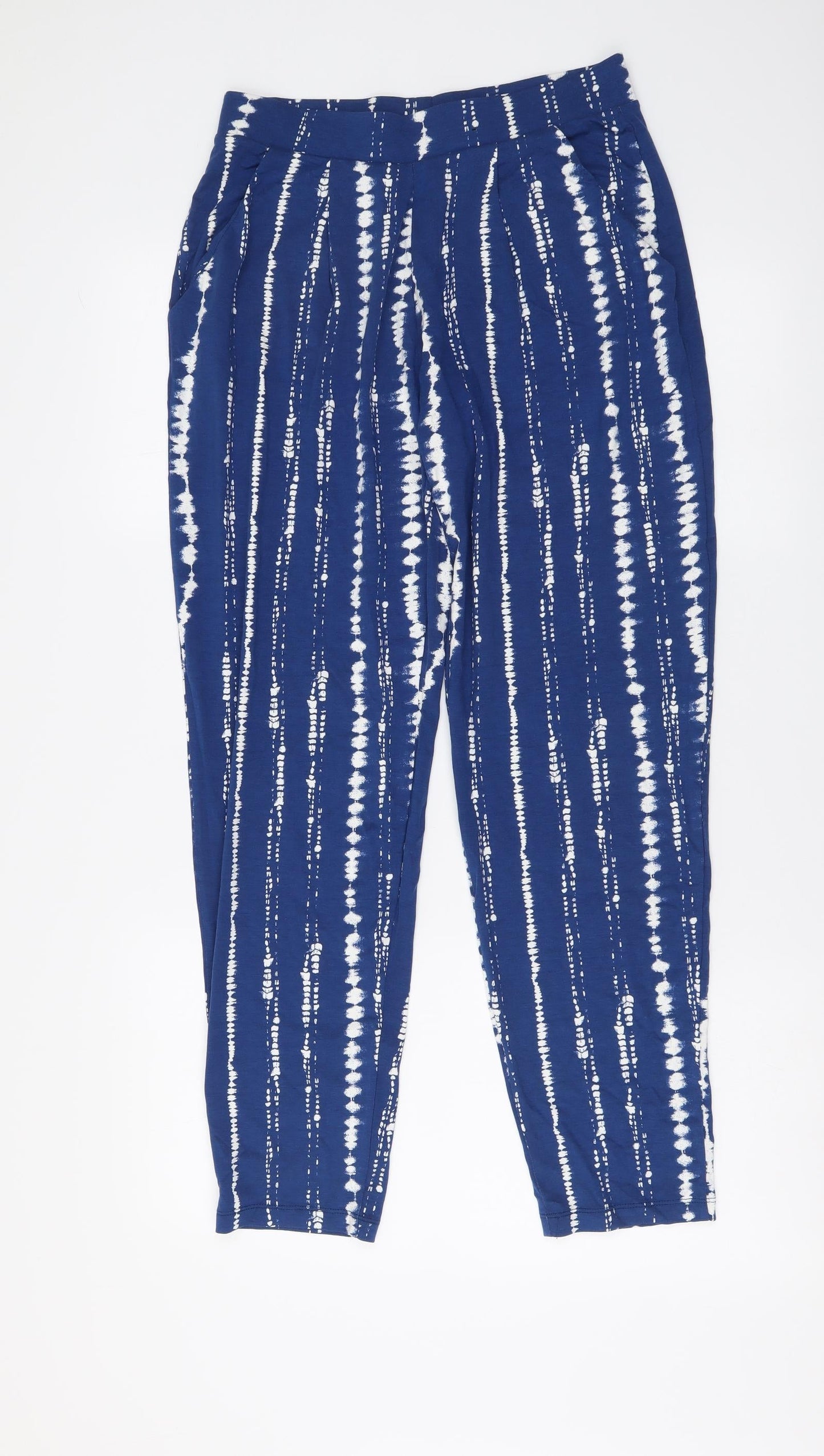 Marks and Spencer Womens Blue Geometric Viscose Trousers Size 8 L27 in Regular Drawstring