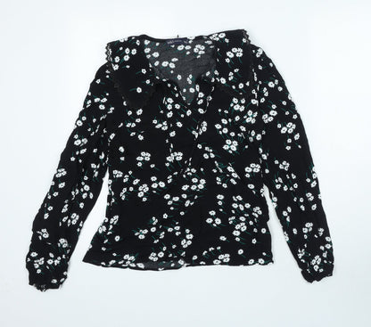 Marks & Spencer Womens Black Floral Viscose Basic Blouse Size 6 V-Neck