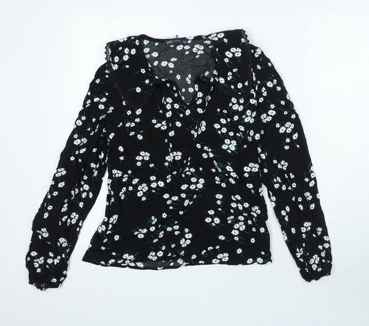 Marks and Spencer Womens Black Floral Viscose Basic Blouse Size 6 V-Neck