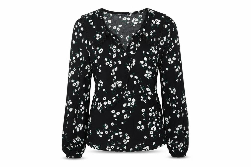 Marks & Spencer Womens Black Floral Viscose Basic Blouse Size 6 V-Neck