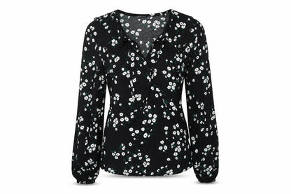 Marks & Spencer Womens Black Floral Viscose Basic Blouse Size 6 V-Neck