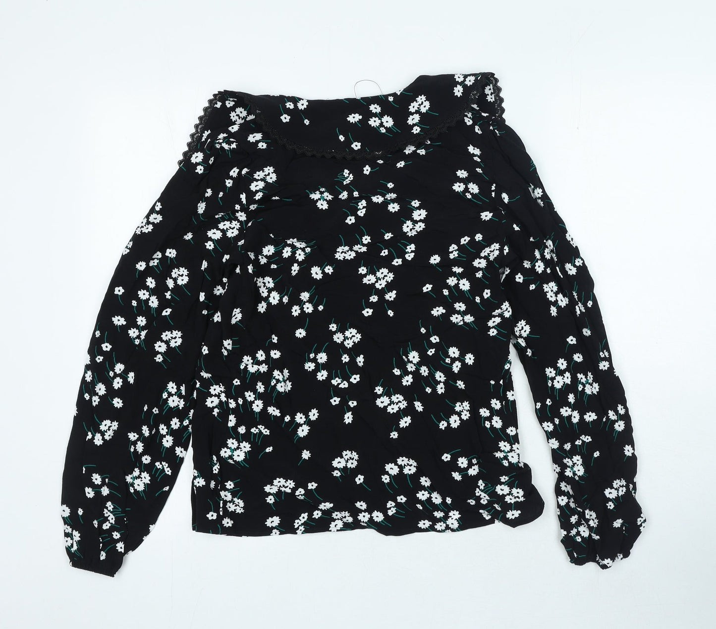 Marks and Spencer Womens Black Floral Viscose Basic Blouse Size 6 V-Neck