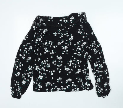 Marks & Spencer Womens Black Floral Viscose Basic Blouse Size 6 V-Neck