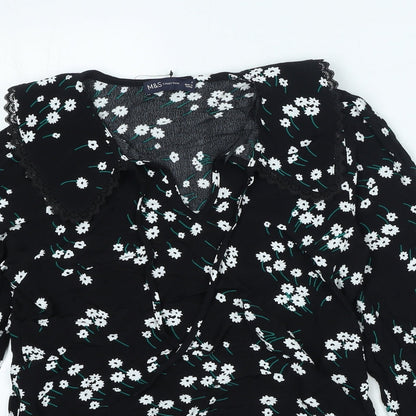 Marks & Spencer Womens Black Floral Viscose Basic Blouse Size 6 V-Neck