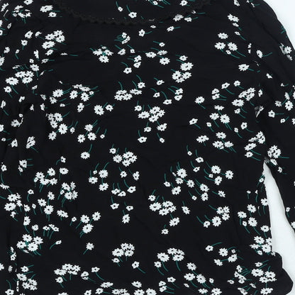 Marks & Spencer Womens Black Floral Viscose Basic Blouse Size 6 V-Neck