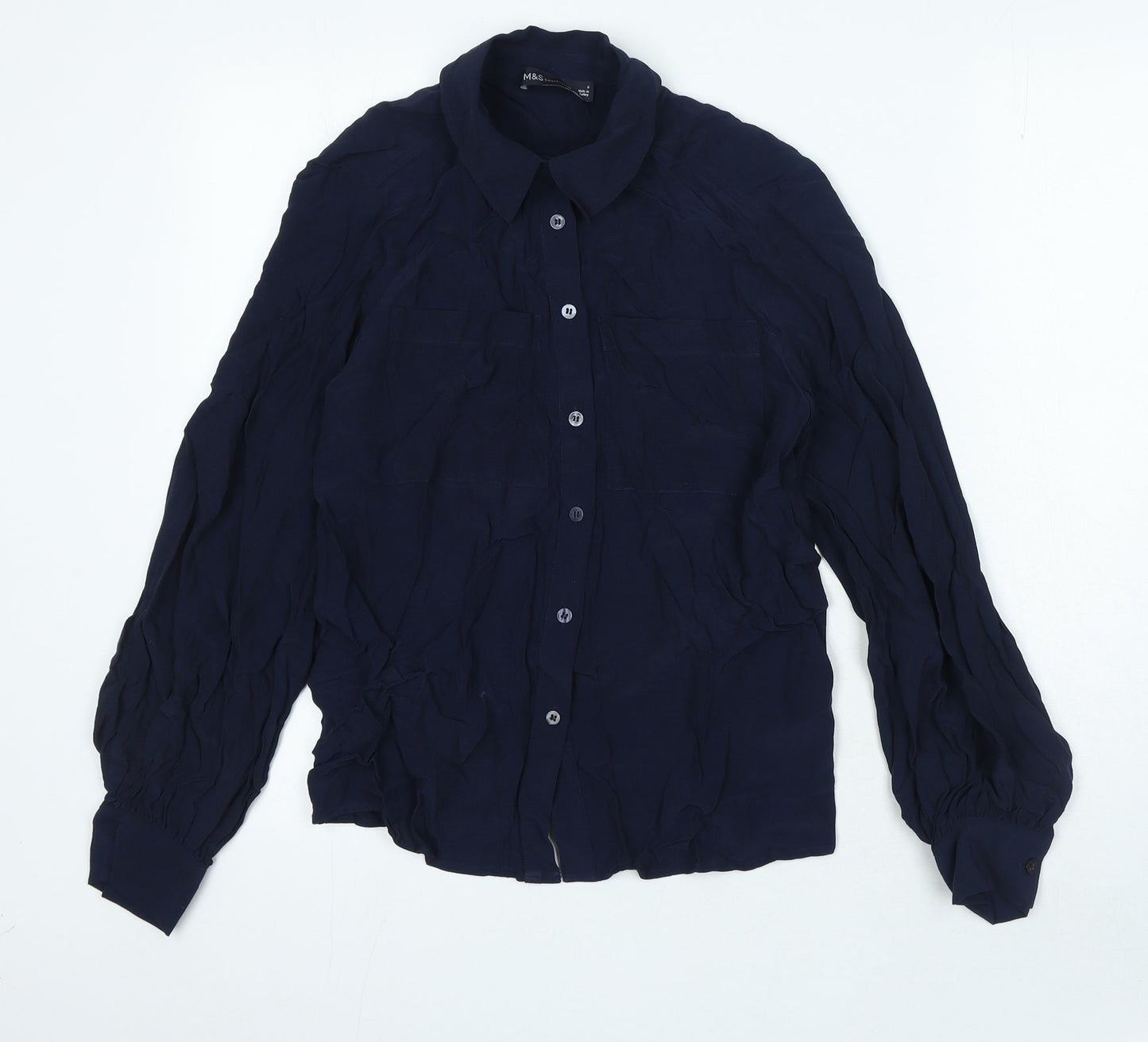 Marks and Spencer Womens Blue Viscose Basic Button-Up Size 6 Collared