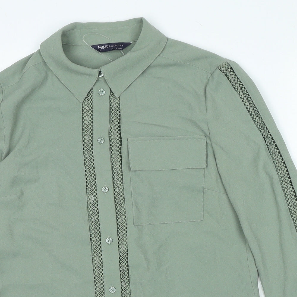 Marks and Spencer Womens Green Polyester Basic Button-Up Size 6 Collared