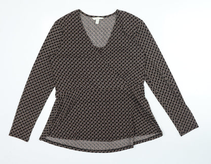 H&M Womens Brown Geometric Polyester Basic Blouse Size M V-Neck