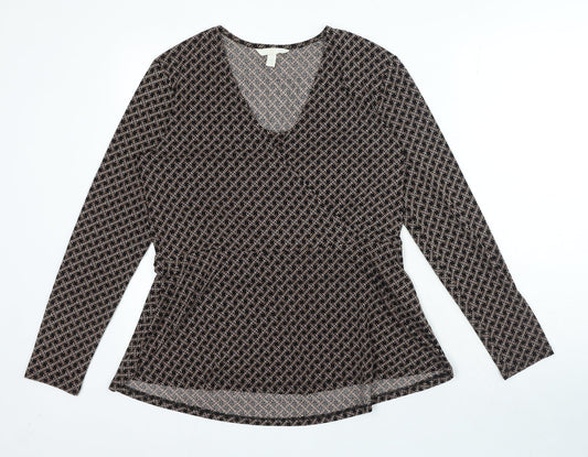 H&M Womens Brown Geometric Polyester Basic Blouse Size M V-Neck
