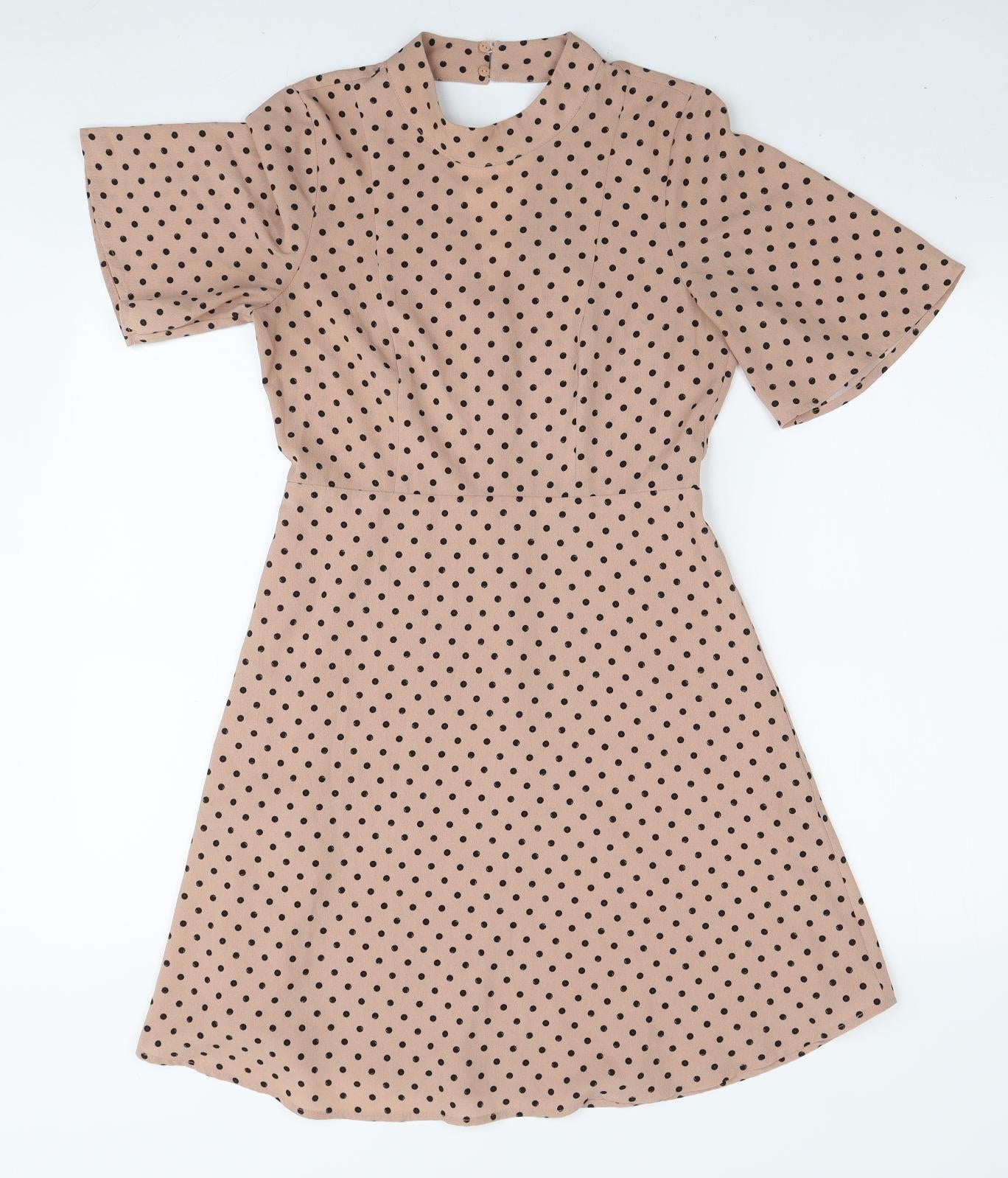 H&M Womens Beige Polka Dot Polyester A-Line Size S Round Neck Zip
