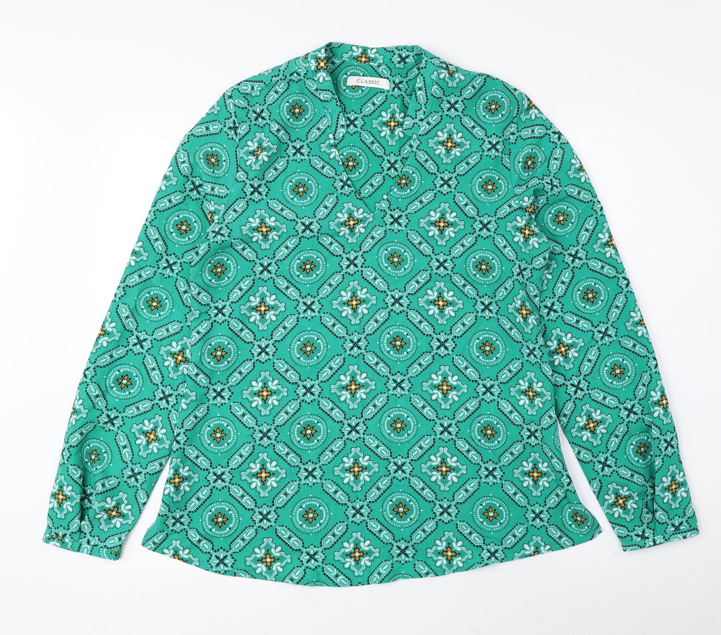 Classic Womens Blue Geometric Polyester Basic Blouse Size 6 V-Neck