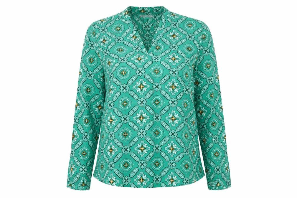 Classic Womens Blue Geometric Polyester Basic Blouse Size 6 V-Neck