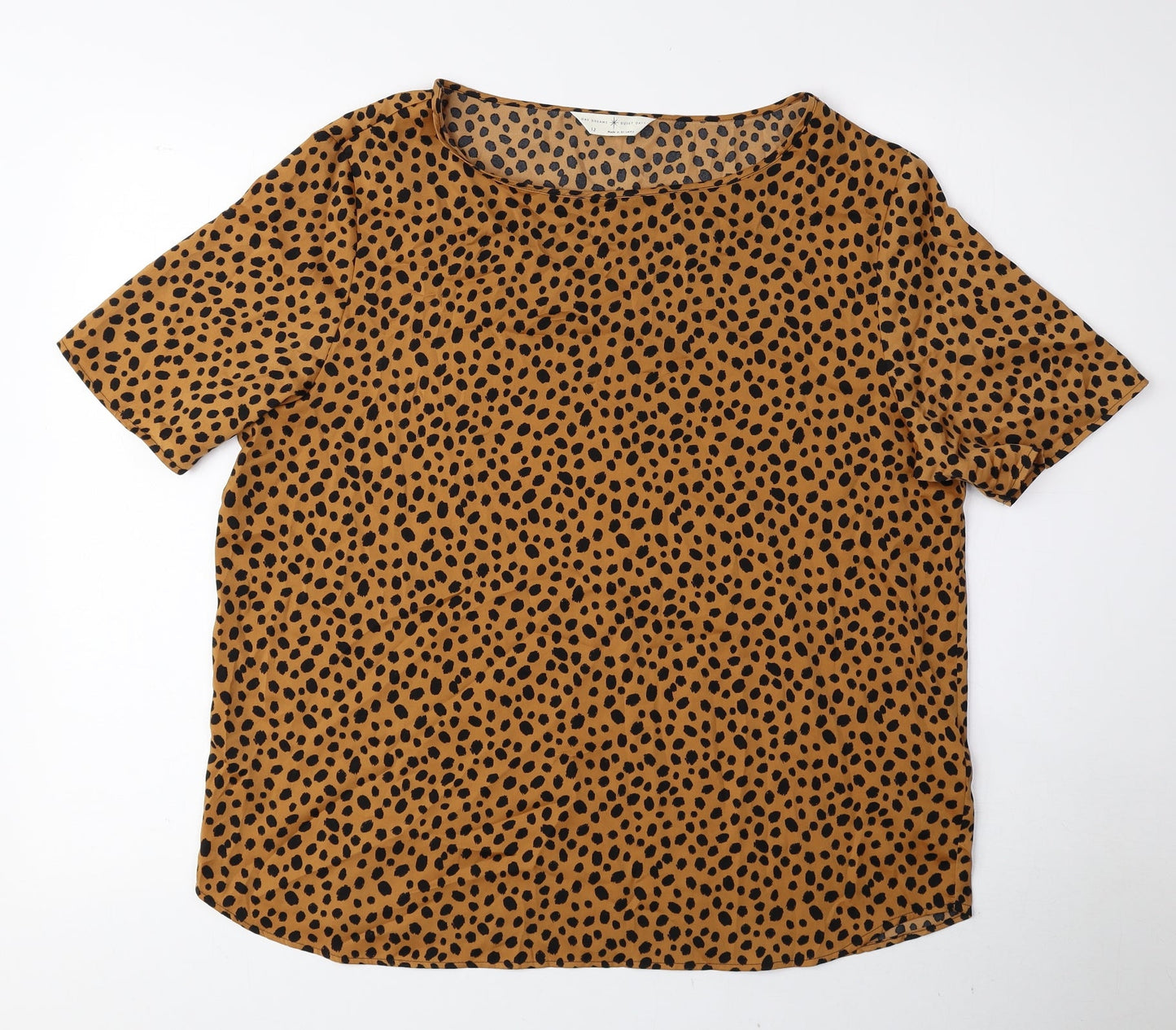 Marks and Spencer Womens Brown Animal Print Polyester Basic Blouse Size 12 Boat Neck