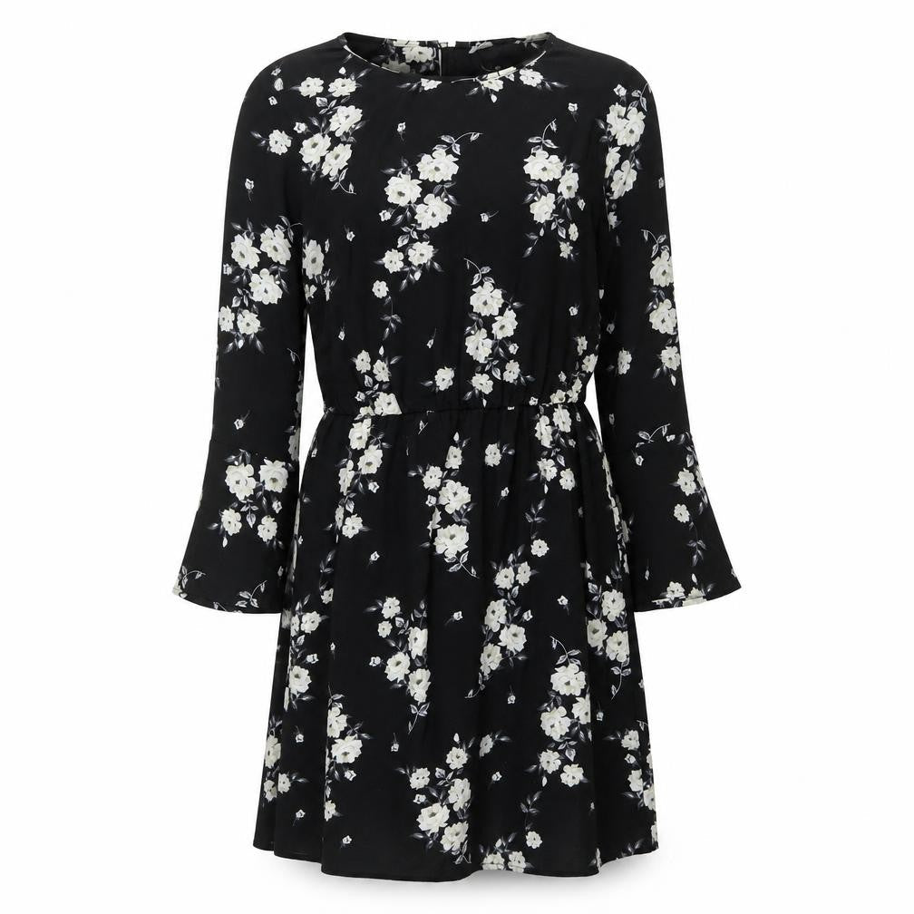 H&M Womens Black Floral Polyester Fit & Flare Size 6 Scoop Neck Button