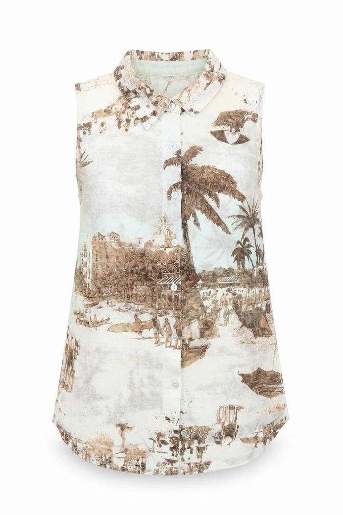 Denim & Co. Womens Multicoloured Geometric Polyester Basic Button-Up Size 10 Collared - Beach Scene