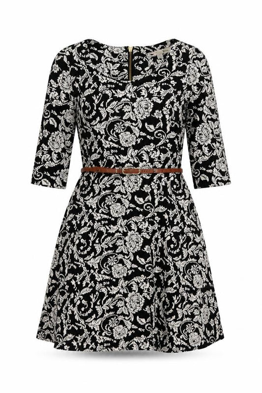 Youmi Womens Black Floral Cotton Fit & Flare Size 10 Scoop Neck Zip