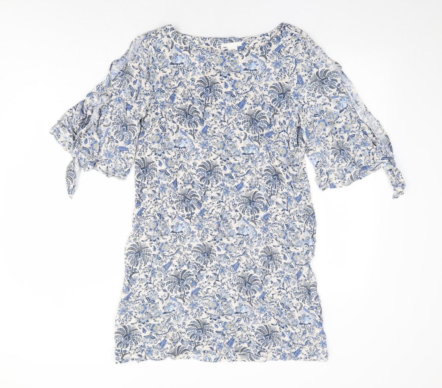 H&M Womens Blue Floral Viscose Shift Size 12 Boat Neck Pullover - Split Tie Sleeve Detail