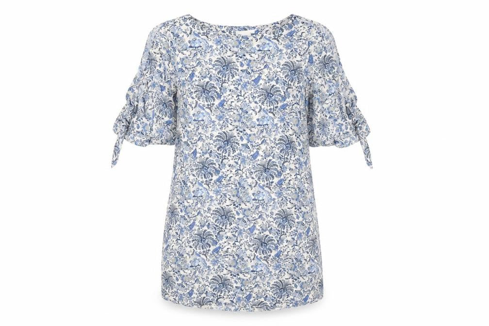 H&M Womens Blue Floral Viscose Shift Size 12 Boat Neck Pullover - Split Tie Sleeve Detail