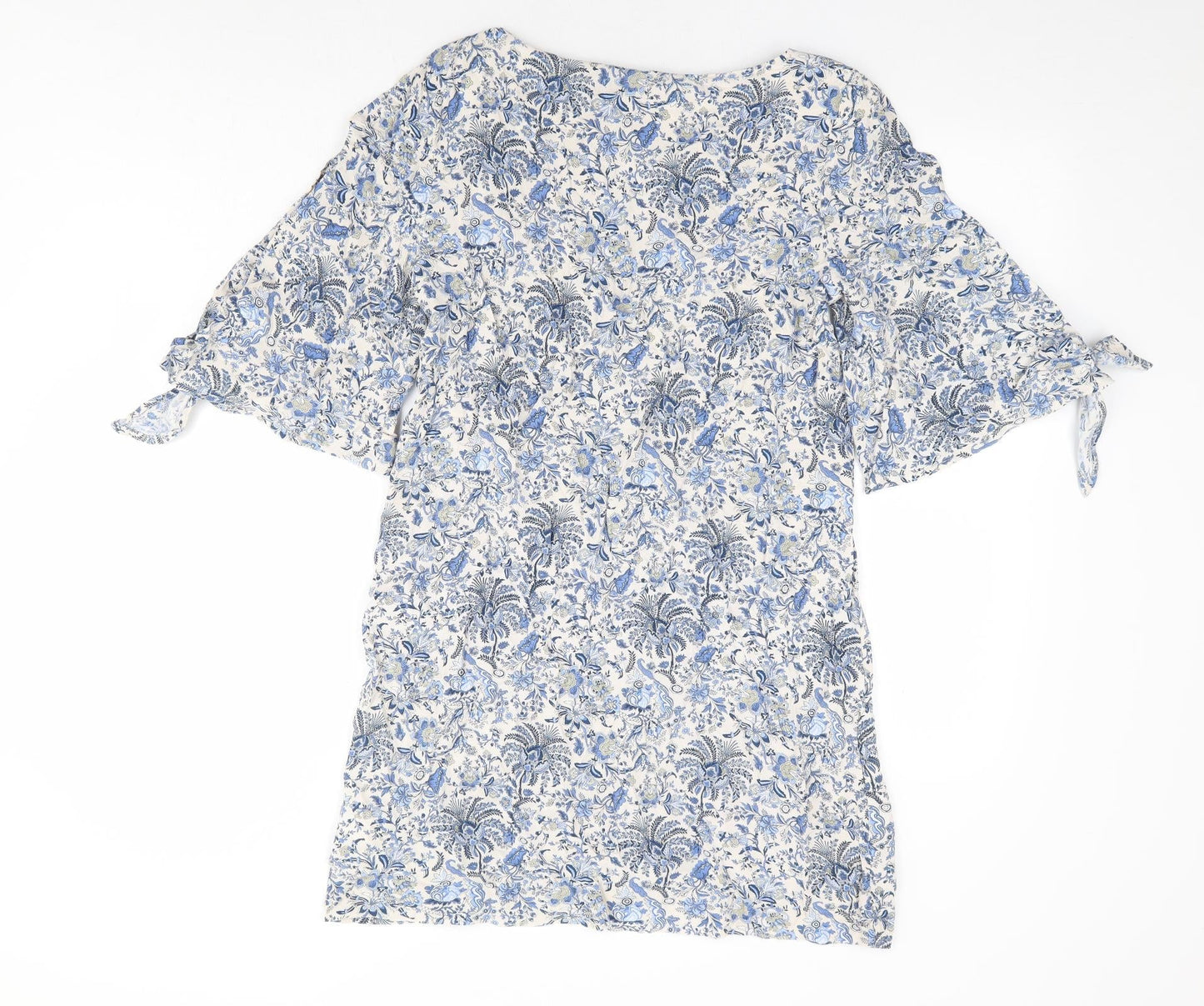 H&M Womens Blue Floral Viscose Shift Size 12 Boat Neck Pullover - Split Tie Sleeve Detail
