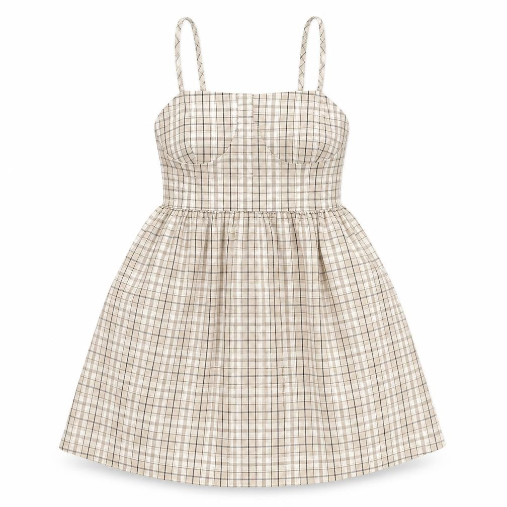 SheIn Womens Beige Plaid Polyester Fit & Flare Size S Square Neck Zip