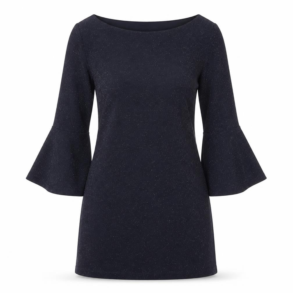 Latin Quaters Womens Blue Polyester A-Line Size S Boat Neck Pullover - Bell Sleeve