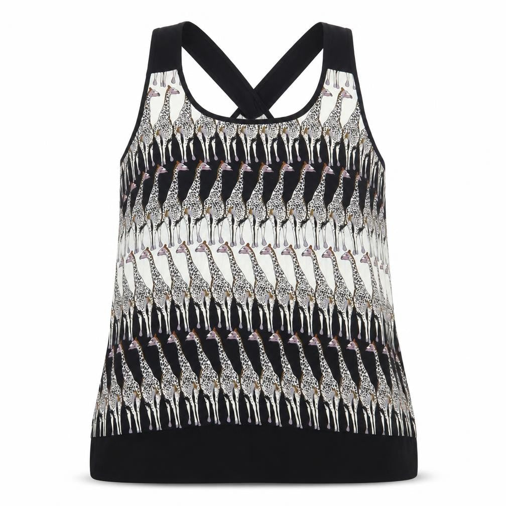 G21 Womens Black Geometric Polyester Basic Tank Size 16 Scoop Neck - Giraffe Cross Back