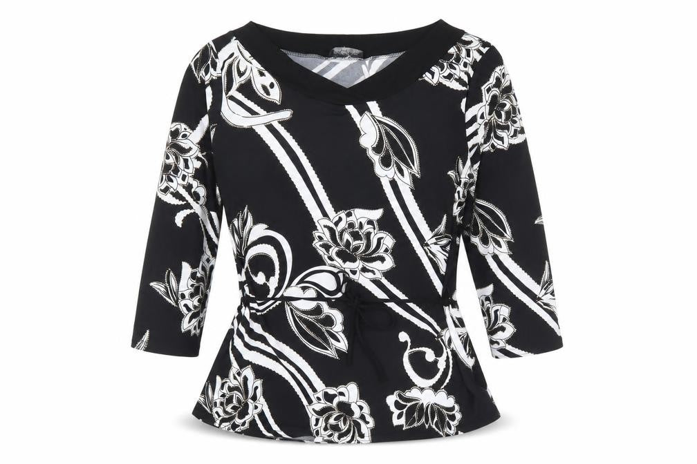 Saloos Collection Womens Black Floral Polyester Basic Blouse Size M V-Neck