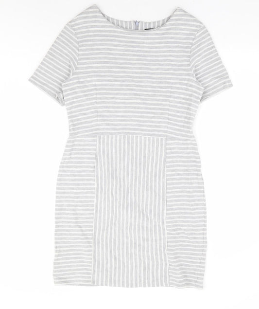 Warehouse Womens Grey Striped Polyester A-Line Size 14 Round Neck Zip - Ribbed