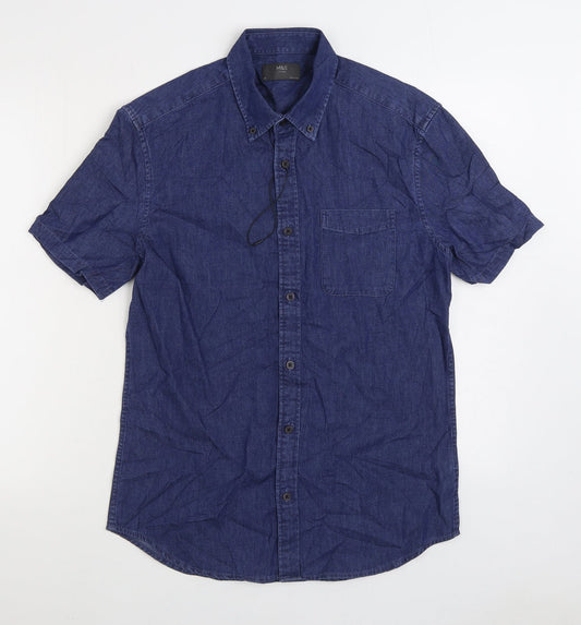 Marks and Spencer Mens Blue Cotton Button-Up Size S Collared Button