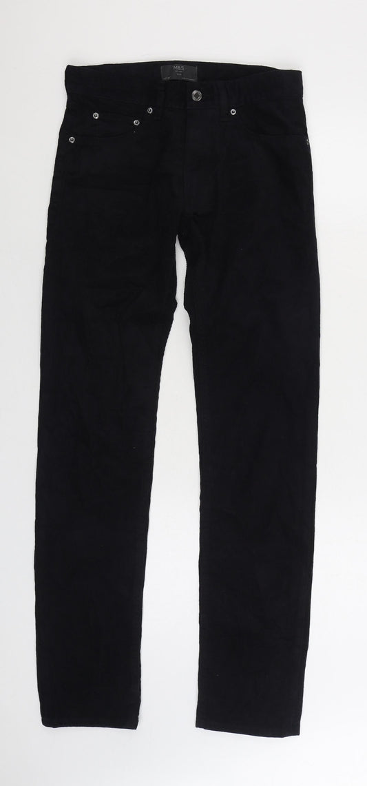 Marks and Spencer Womens Black Cotton Trousers Size 28 in L33 in Slim Zip