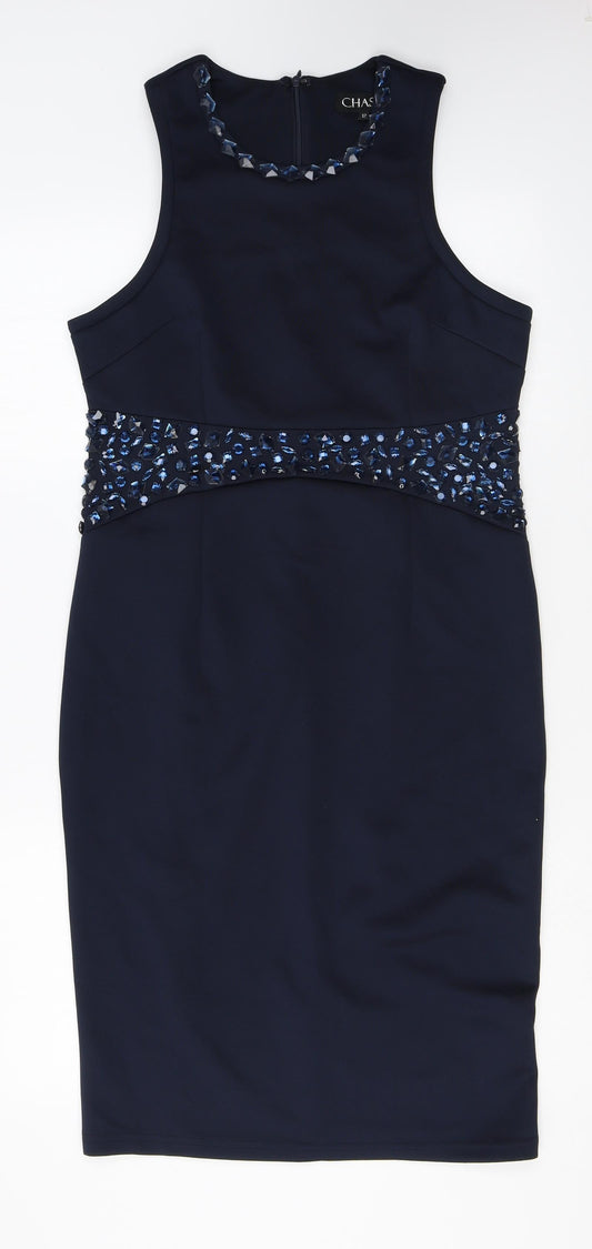 Chase7 Womens Blue Polyester Sheath Size 12 Round Neck Zip