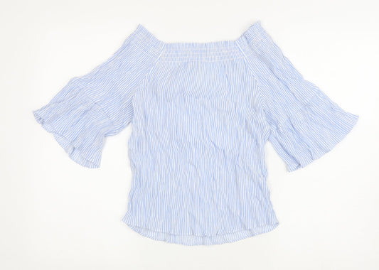 H&M Womens Blue Striped Viscose Basic Blouse Size 8 Off the Shoulder