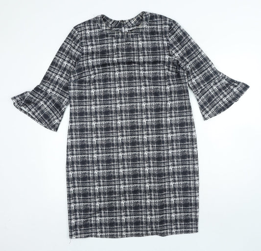 Dorothy Perkins Womens Black Plaid Polyester A-Line Size 14 Round Neck Hook & Loop