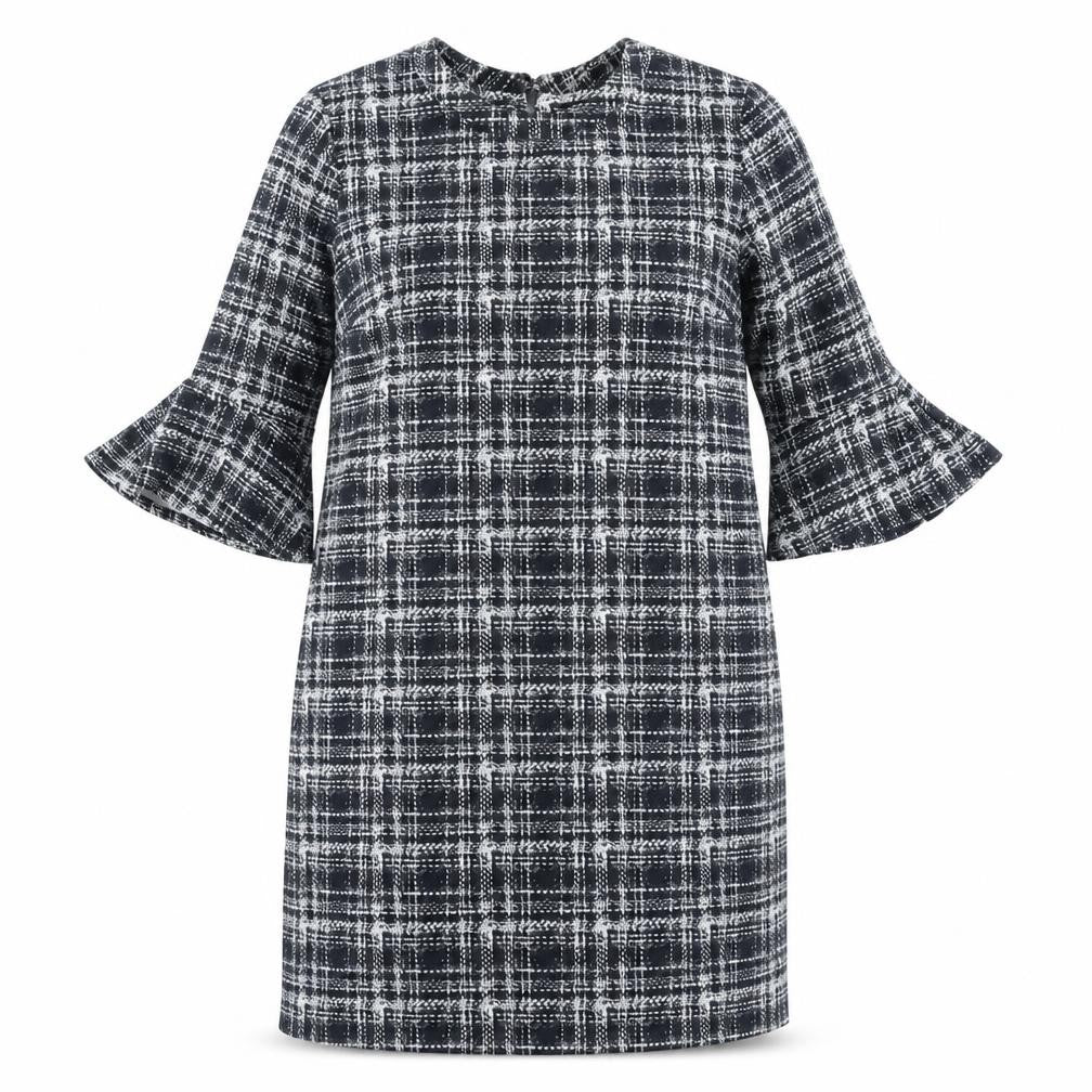 Dorothy Perkins Womens Black Plaid Polyester A-Line Size 14 Round Neck Hook & Loop