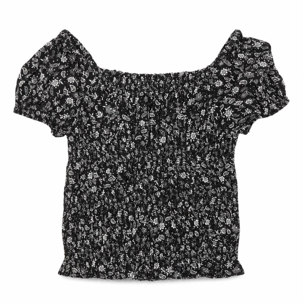 Marks & Spencer Girls Grey Floral Viscose Basic Blouse Size 8-9 Years Square Neck Pullover