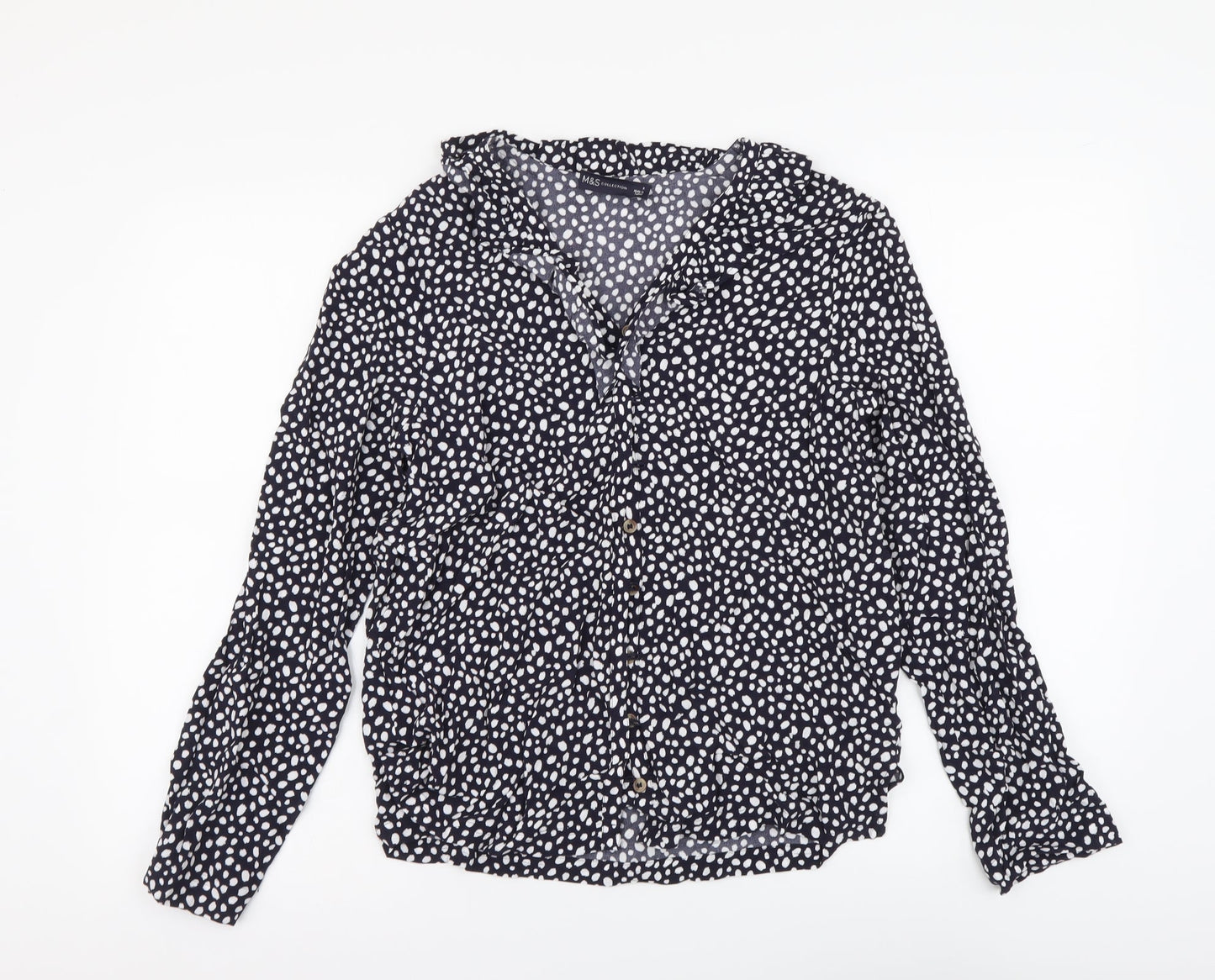 Marks and Spencer Womens Black Geometric Viscose Basic Button-Up Size 8 Round Neck