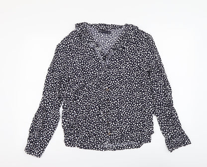 Marks & Spencer Womens Black Geometric Viscose Basic Button-Up Size 8 Round Neck