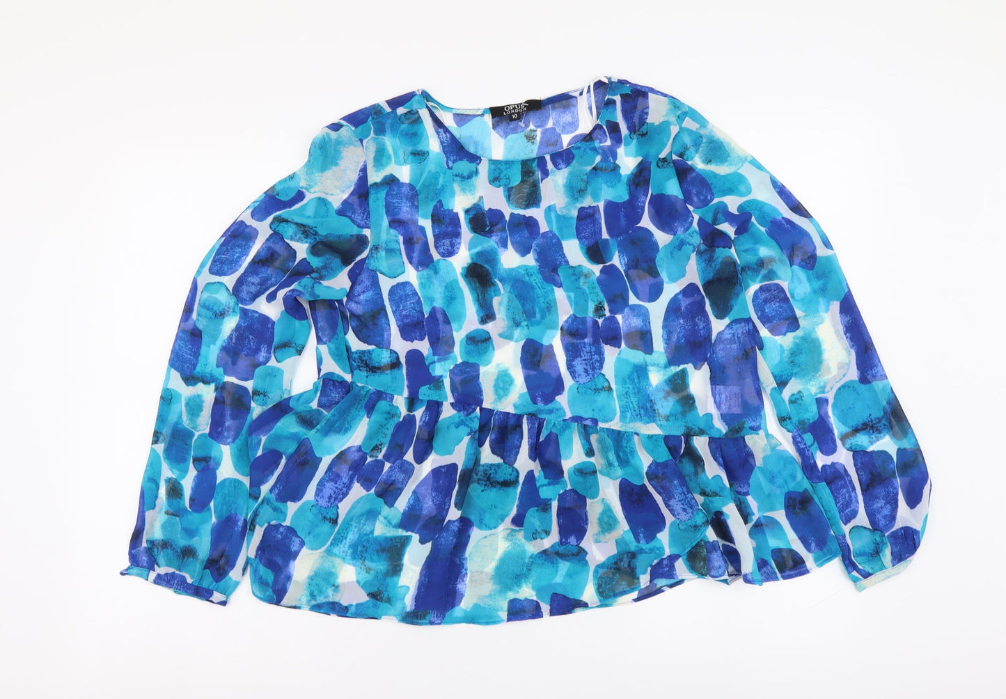 OPUS Womens Blue Geometric Polyester Basic Blouse Size 10 Round Neck