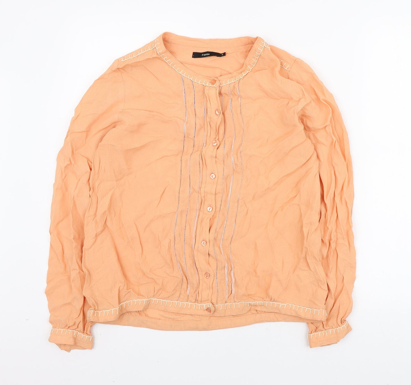 Fransa Womens Orange Viscose Basic Button-Up Size S Round Neck