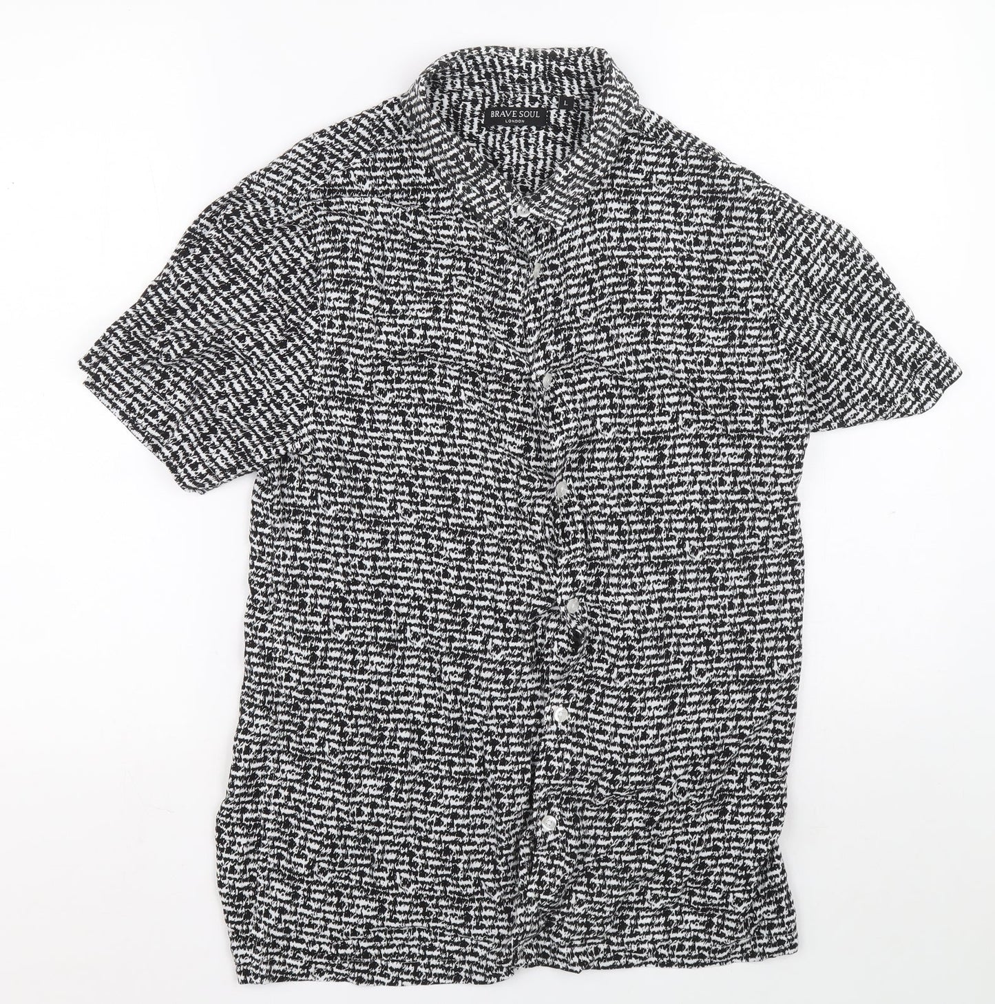 Brave Soul Womens Black Geometric Viscose Basic Button-Up Size L Collared