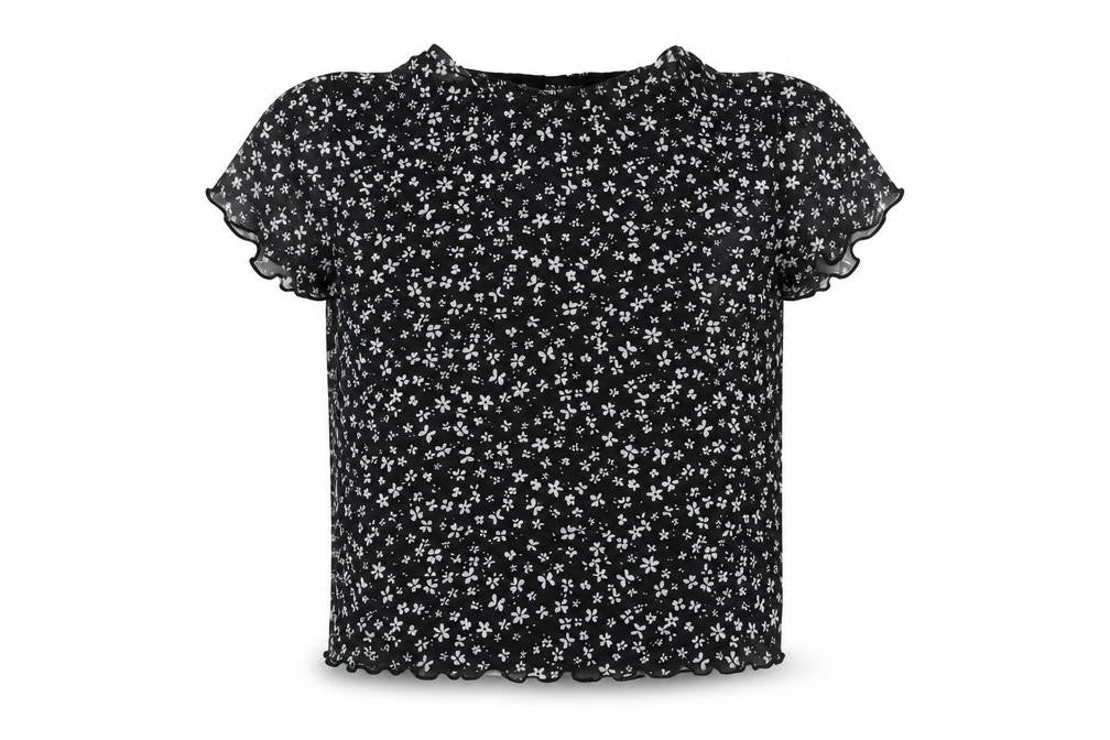 New Look Girls Black Floral Polyester Cropped T-Shirt Size 12-13 Years Round Neck Pullover
