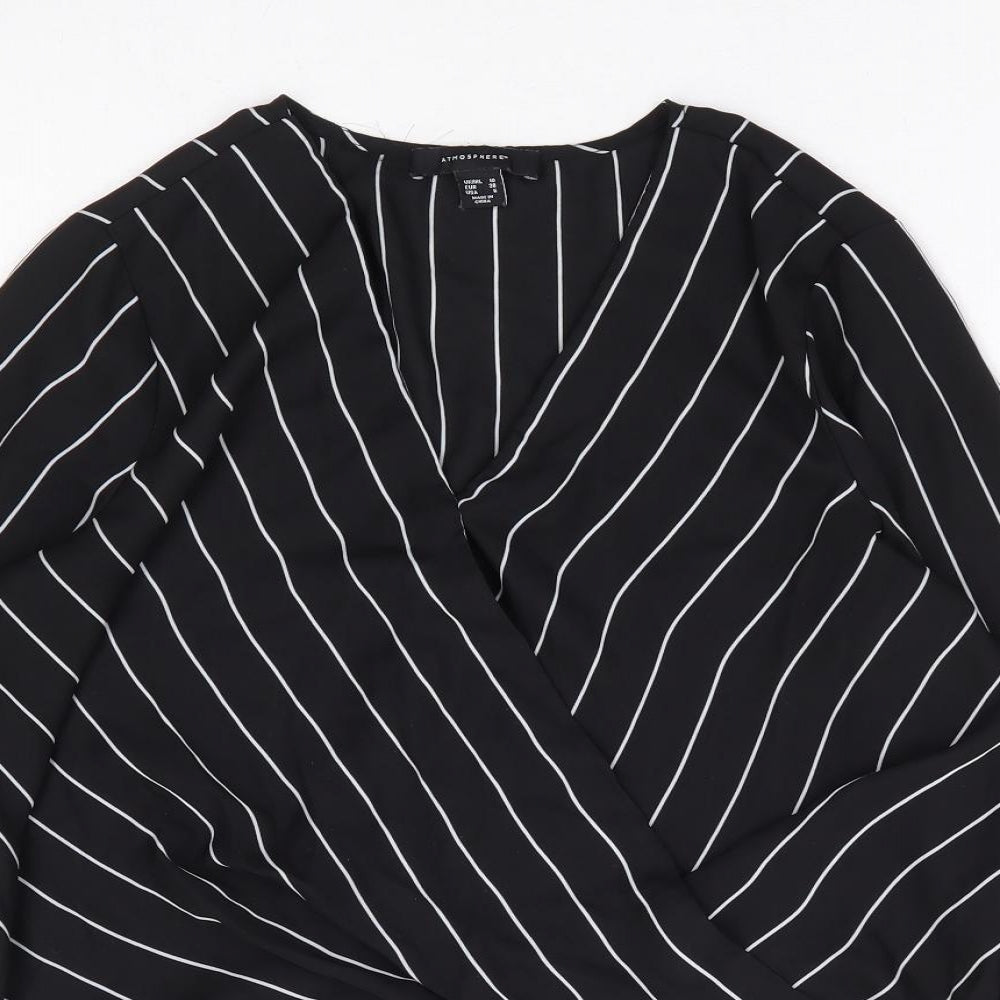 Primark Womens Black Striped Polyester Basic Blouse Size 10 V-Neck