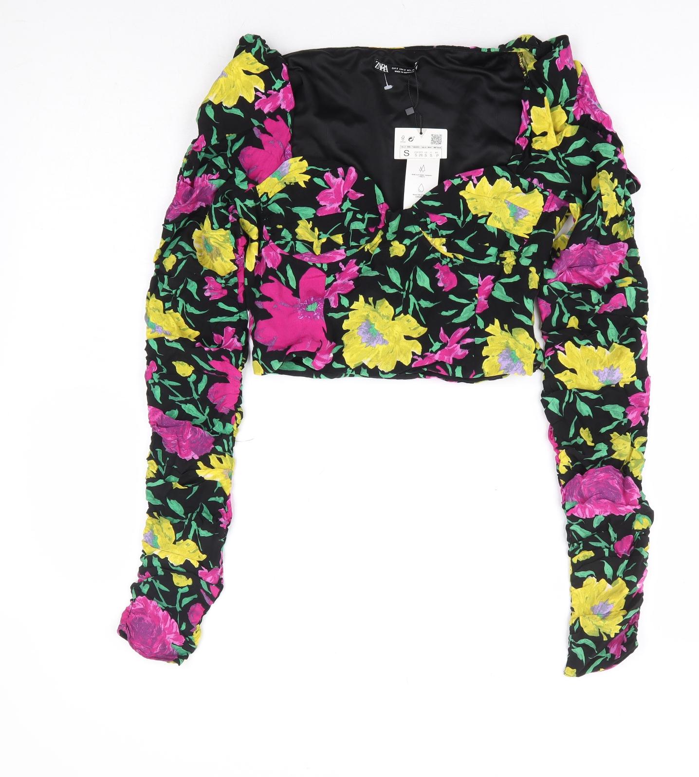 Zara Womens Multicoloured Floral Viscose Cropped Blouse Size S Sweetheart