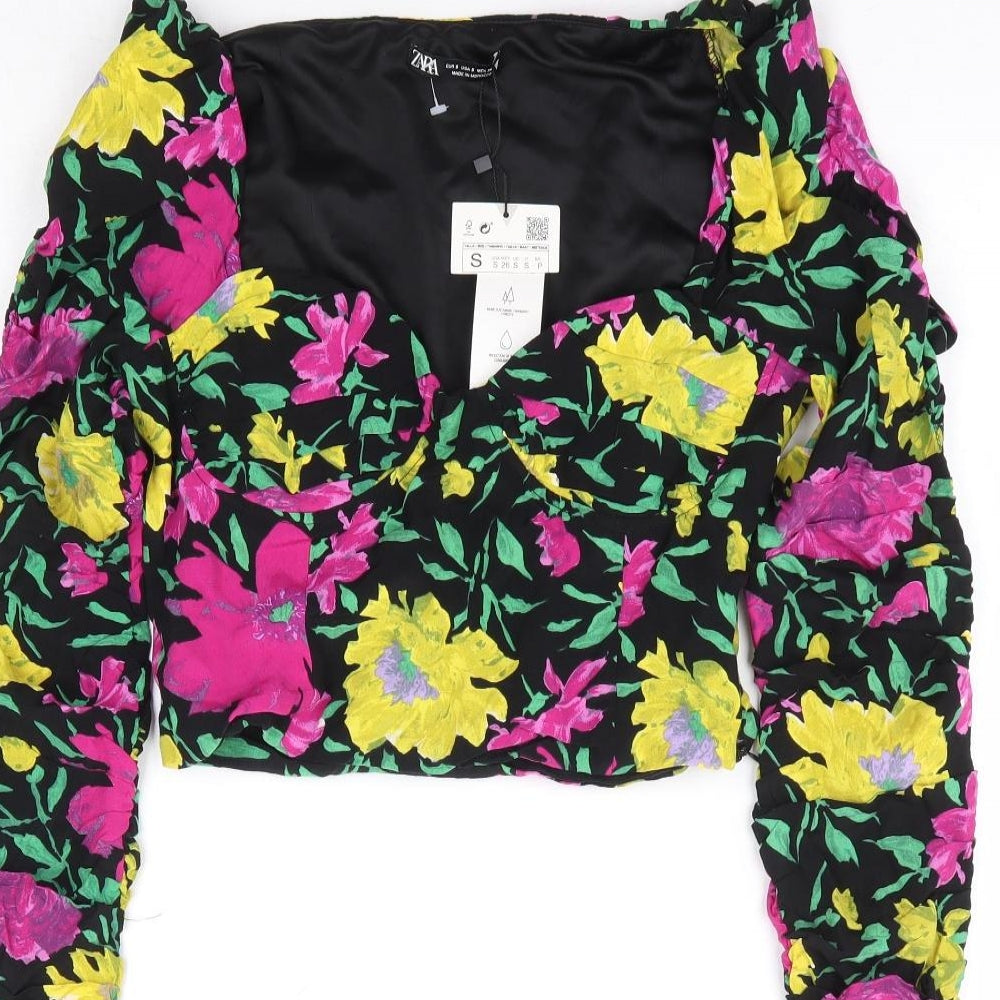 Zara Womens Multicoloured Floral Viscose Cropped Blouse Size S Sweetheart