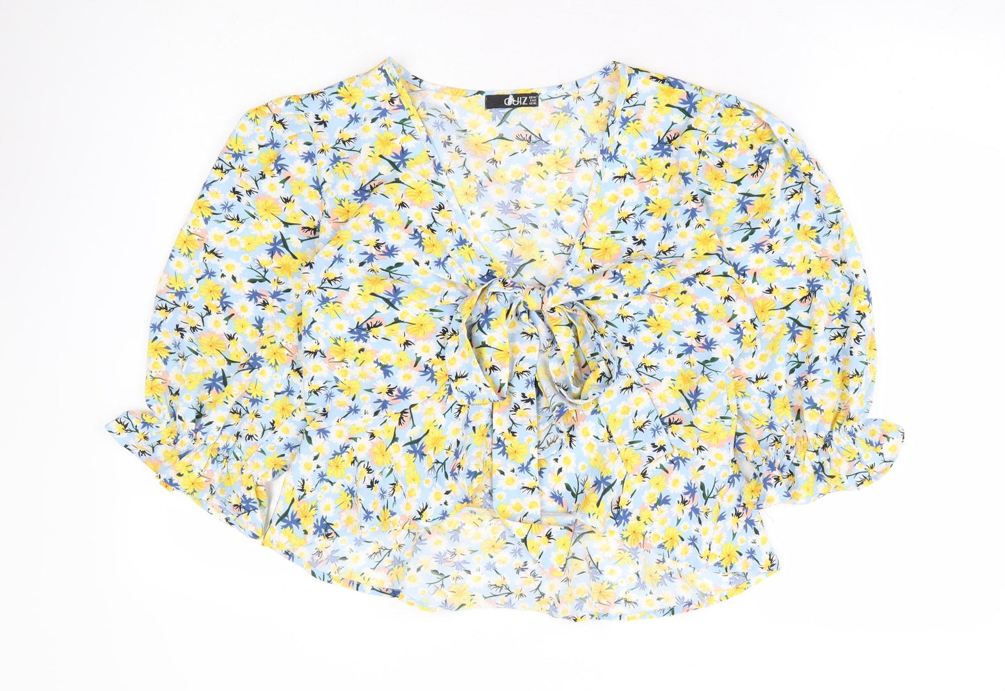 Quiz Womens Blue Floral Polyester Basic Blouse Size 14 V-Neck - Tie Front