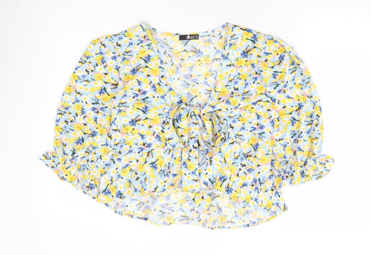 Quiz Womens Blue Floral Polyester Basic Blouse Size 14 V-Neck - Tie Front