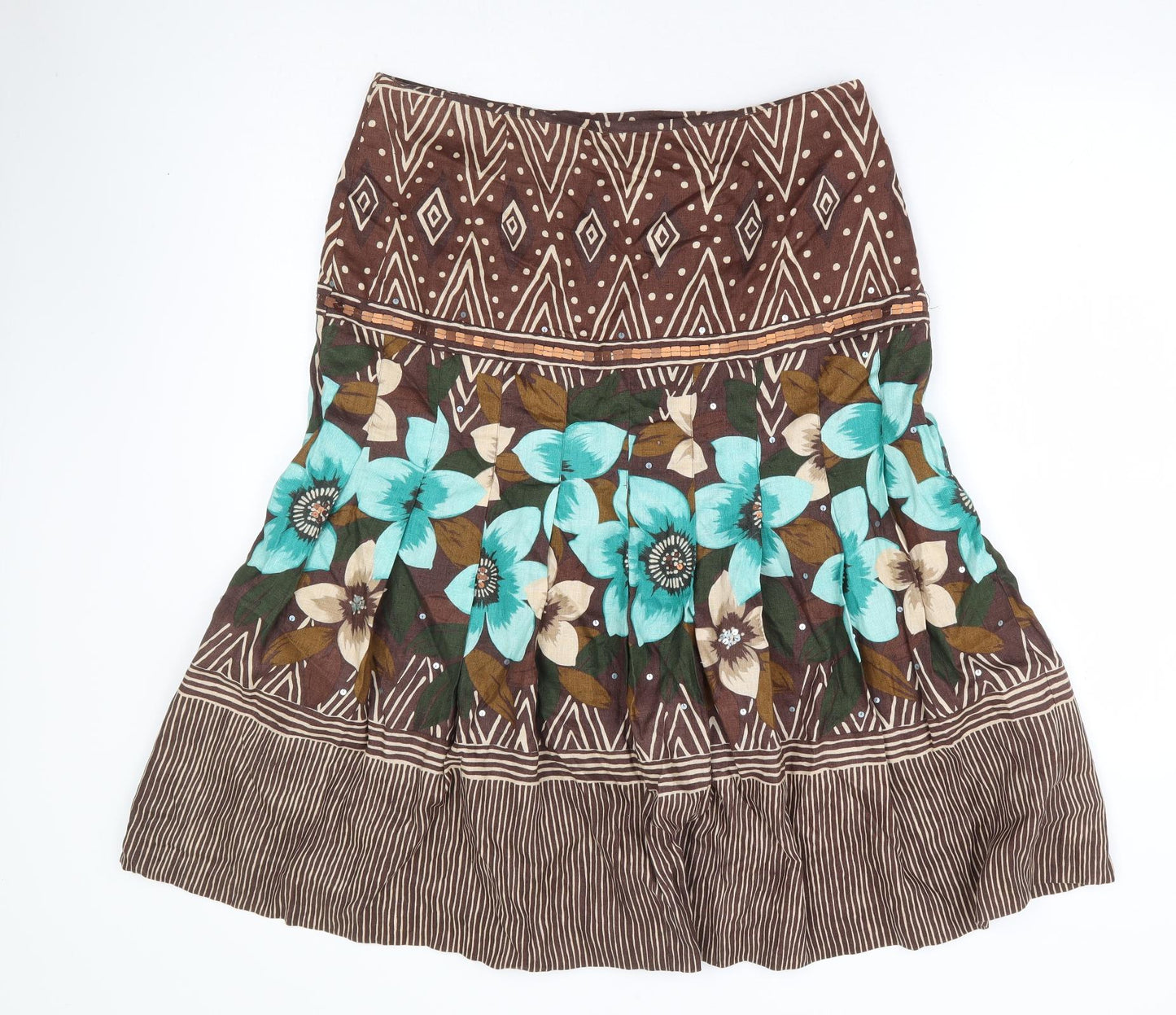 Kaliko Womens Brown Floral Linen Trumpet Skirt Size 14 Zip